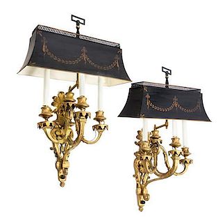 A Pair of French Gilt Bronze Three-Light Sconces Height 28 inches.