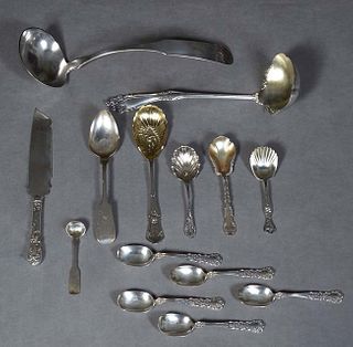 Fourteen Pieces of Sterling and Silverplate, consisting of a Wood and Hughes Tablespoon; a Gorham shell form berry spoon; a Towle shell form sterling 