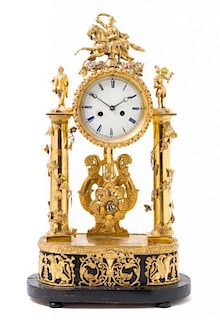 A Continental Gilt Bronze Mantel Clock Height 19 1/4 inches.