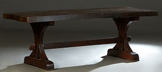 French Carved Oak Monastery Table, 19th c., the 3 1/4 in. thick top on trestle supports joined by a rectangular stretcher, H.- 30 1/4 in., W.- 90 1/2 