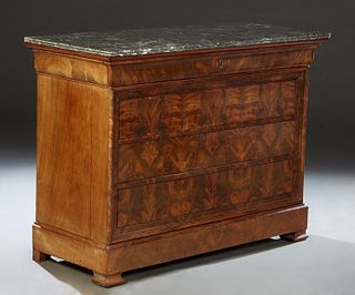 Louis Philippe Carved Walnut Marble Top Commode, 19th c., the reeded edge rounded corner figured gray marble over a cavetto frieze drawer, three deep 