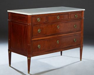 French Louis XV Style Carved Cherry Marble Top Commode, late 19th c., the ogee edge cookie corner figured white marble above two deep drawers, flanked