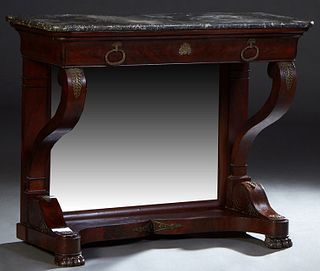 French Empire Style Carved Cherry Marble Top Pier Table, c. 1840, the rounded edge and corner highly figured gray marble over a cavetto frieze drawer,