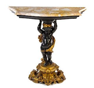 A Gilt and Patinated Metal Figural Pedestal Height 37 1/2 x width 40 3/4 x depth 19 1/4 inches.