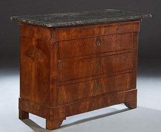 French Louis Philippe Carved Walnut Marble Top Commode, 19th c., the ogee edge rounded corner figured gray marble over a setback cavetto frieze drawer