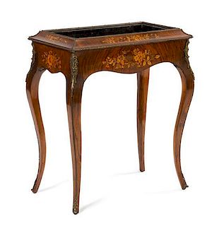 A Louis XV Style Gilt Bronze Mounted Marquetry Jardiniere Table Height 30 1/2 x width 23 1/2 x depth 15 1/2 inches.