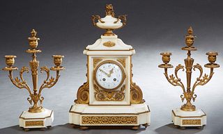 Three Piece French Gilt Bronze Mounted White Marble Clock Set, 19th c, by Vincenti Et Cie, the time and strike clock with a bronze mounted urn surmoun