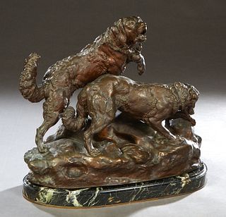 After Charles Valton (1851-1918, French), "Hunting Dogs," 20th c. patinated bronze, with a relief signature on the proper left front of the integral b