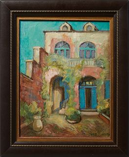Alberta Kinsey (1875-1952, Ohio/Louisiana), "Little Theatre Courtyard, New Orleans French Quarter," 20th c., oil on canvas, signed lower right, with a