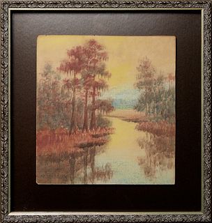 Alexander John Drysdale (1870-1934, Louisiana), "Bayou Landscape at Sunset," 20th c., oil wash on paperboard, signed in pencil lower left, presented i
