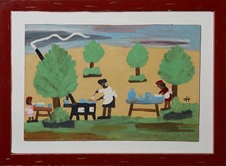 Clementine Hunter (1887-1987, Louisiana), "Fish Fry," 20th c., oil on board, signed lower right, presented in a red wood frame, H.- 16 in., W.- 24 in.