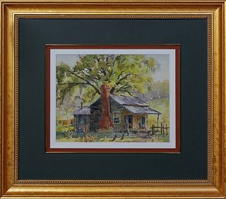 Charles Oglesby Longabaugh (1885-1944, Louisiana), "Cabin Landscape," c. 1943, watercolor on paper, signed and dated lower right/center, presented in 
