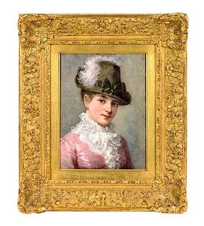 Eugene Vincent Vidal, (French, 1850-1908), Lady in a Pink Dress and a Green Hat with Plumes