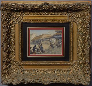 Pierre Menager (1894-1973, French/American), "French Market Scene," 20th c., watercolor on paper, signed lower right, presented in a gilt frame, H.- 4