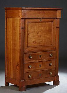 French Empire Style Carved Cherry Secretary Abattant, 19th c., the stepped rectangular top over a frieze drawer above a drop front secretary drawer wi