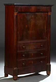 French Empire Style Carved Walnut Mahogany Marble Top Secretary Abattant, 19th c., the figured gray marble over a frieze drawer, above a setback fall 