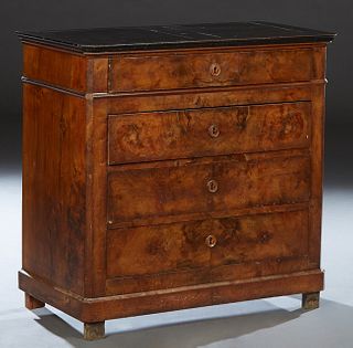 French Provincial Louis Philippe Carved Walnut Commode, 19th c., the canted corner top above a frieze drawer and three deep drawers, on a plinth base,
