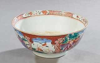 Chinese Porcelain Circular Bowl, 19th c., the interior rim with hatchwork banding with floral reserves, the exterior with two figural and landscape re