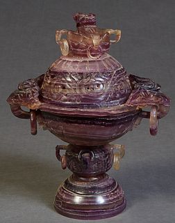 Chinese Carved Amethyst Censer, late 19th c., the domed cover with a Foo dragon handle mounted with elephant ring handled sides, on a base with pierce