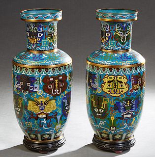 Pair of Large Oriental Baluster Cloisonne Vases, 20th c., the everted rim atop a sloping neck, to rounded shoulders over dragon head and bird decorate