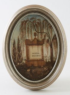 French Hairwork Memento Mori, 19th c., mixed media on paper, with the words "Precious Remains" written in French on the tombstone, presented in a silv