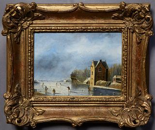 Continental School, "Winter Ice Skating," 19th c., oil on board, signed indistinctly lower right, presented in a gilt frame, H.- 6 1/2 in., W.- 9 1/8 