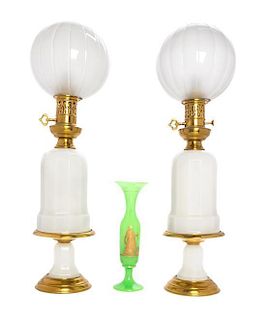 * A Pair of Opaline Glass Oil Lamps Height of first 26 inches.