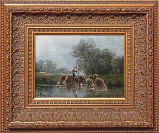 O. Peretti, "Woman Herding the Sheep to Water," 20th c., oil on board, signed lower left, presented in a gilt frame, H.- 5 1/2 in., W.- 8 in., Framed 