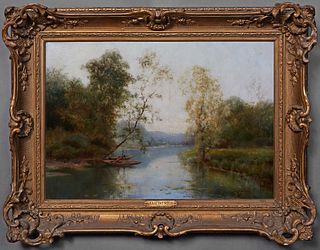 Jose Maria Jardines (1862-1914, Spanish) , "Boats on the Lake," early 20th c., oil on canvas, signed lower right, presented in a gilt frame, H.- 14 3/