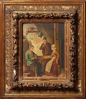 Ricardo Valero (Spanish), "Meeting at the Tavern," 19th c., oil on board, signed lower left, with artist plaque on bottom of frame, presented in a gil