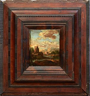 Continental School, "Landscape with Castle," 18th c., oil on canvas, unsigned, presented in a wood frame, H.- 8 in., W.- 6 1/2 in., Framed H.- 21 in.,
