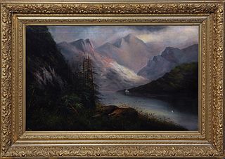 American School, "Romantic Style Mountain Landscape," c. 1887, oil on canvas initialed "N.H.S" and dated '87 on bottom left corner, with a "Hudson and