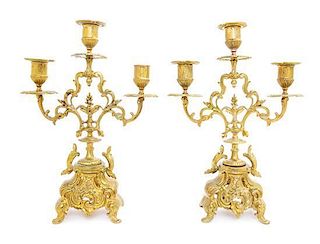* A Pair of Gilt Metal Three-Light Candelabra Height 12 1/2 inches.