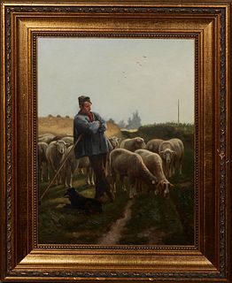 Henri de Beul (1845-1900, Belgian), "Shepherd and His Flock," 1885, oil on panel, signed and dated lower left, presented in a gilt frame, H.- 16