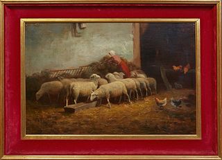 Jef Louis van Leemputten (1865-1948, Belgium), "Sheep in a Barn," 19th c., oil on board, signed lower right, presented in a red velvet and gilt frame,