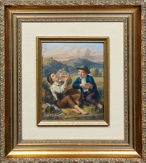 Continental School, "Two Young Men Enjoying a Picnic," 19th c., oil on porcelain, signed indistinctly lower right, presented in a gilt frame, H.- 7 1/