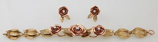 18K Yellow and Rose Gold Set, consisting of a link bracelet with eight double leaf form links, joined by three rose gold flower links with central rou