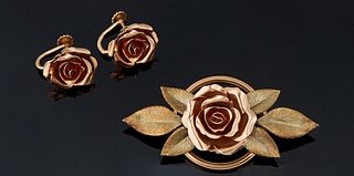 18K Yellow and Rose Gold Three Piece Set, with a brooch and a matching pair of floral clip earrings, Brooch- H.- 1 1/8 in., W.- 2 3/8 in., D.- 1/2 in.