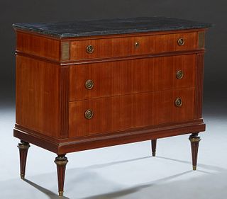 French Louis XVI Style Carved Cherry Marble Top Commode, early 20th c., the ogee edge figured black marble over a setback frieze drawer and two deep d