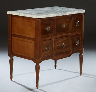 French Louis XVI Style Inlaid Walnut Marble Top Commode, early 20th c., the ogee edge rounded corner breakfront figured white marble, over two setback