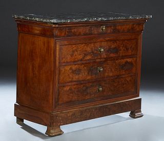 French Louis Philippe Carved Walnut Marble Top Commode, 19th c., the reeded rounded corner and edge figural gray marble over a cavetto frieze drawer a