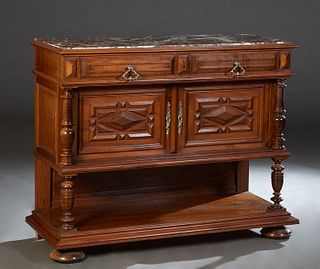 French Henri II Style Carved Walnut Marble Top Serving Trolley, c. 1880, the inset highly figured brown marble over two frieze drawers, above setback 