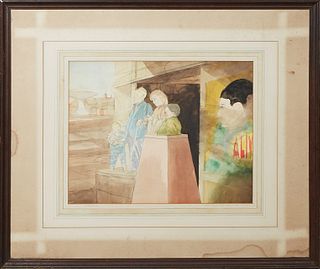 Noel Rockmore (1928-1995, New Orleans), "Coney Island Side Show," 1954, watercolor on paper, initialed lower right, pencil signed lower left on mattin