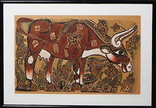 Walter Anderson (1903-1965, Mississippi), "The Bull," 20th c., print on paper, unsigned, presented in an ebonized frame, H.- 19 1/4 in., W.- 31 in., F