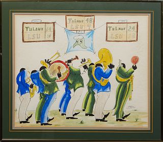 Pili Rojas (Spain/New Orleans), "Tulane vs. LSU," c. 1981, watercolor on paper, signed in pen lower right, with article on artist attached en verso, p