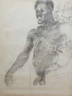 George Valentine Dureau (1930-2014, New Orleans), "Male Nude with Military Straps," 20th c., charcoal on paper, unsigned, presented in shrink wrap, H.