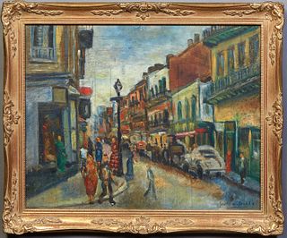 James Trollo, "French Quarter Scene," 20th c., oil on board, signed indistinctly lower right, presented in a gilt frame, H.- 17 1/4 in., W.- 23 3/8 in
