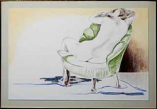 Kitty O'Meallie (1915-2014, Newcomb College), "Nude in a Green Chair," c. 1984, mixed media on paper, signed lower left, signed, titled and dated en v