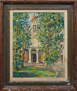 Carl Thorp (1912-1989, Texas/Louisiana), "South Congregational Church in Ipswich, Massachusetts," 1971, oil on panel, signed lower right, titled and d