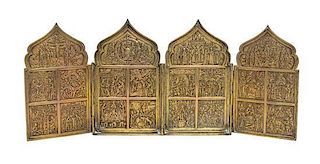 * An Eastern European Bronze Four Panel Icon, Height 7 x width 16 1/4 inches (open).